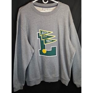 Lacoste‎ Mens 3XL Heather Gray Graphic Pennant Flag Fuzzy Tennis Ball Crewneck